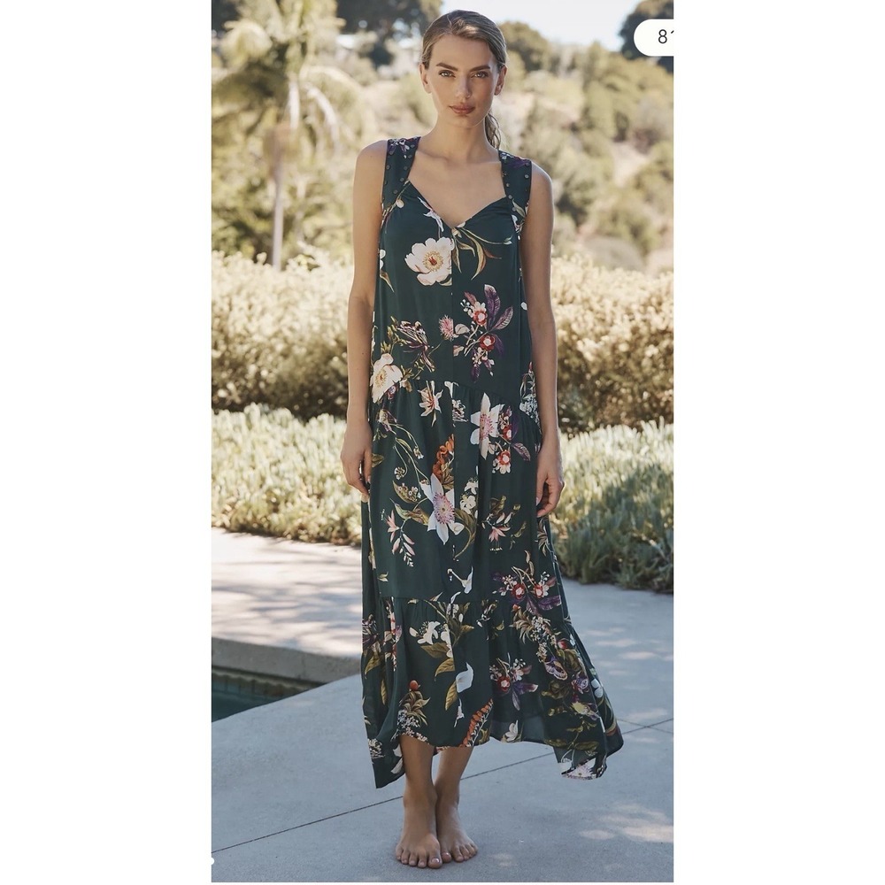 By Anthropologie Studded Harness Midi Dress Floral Printed Cutout Green Motif M